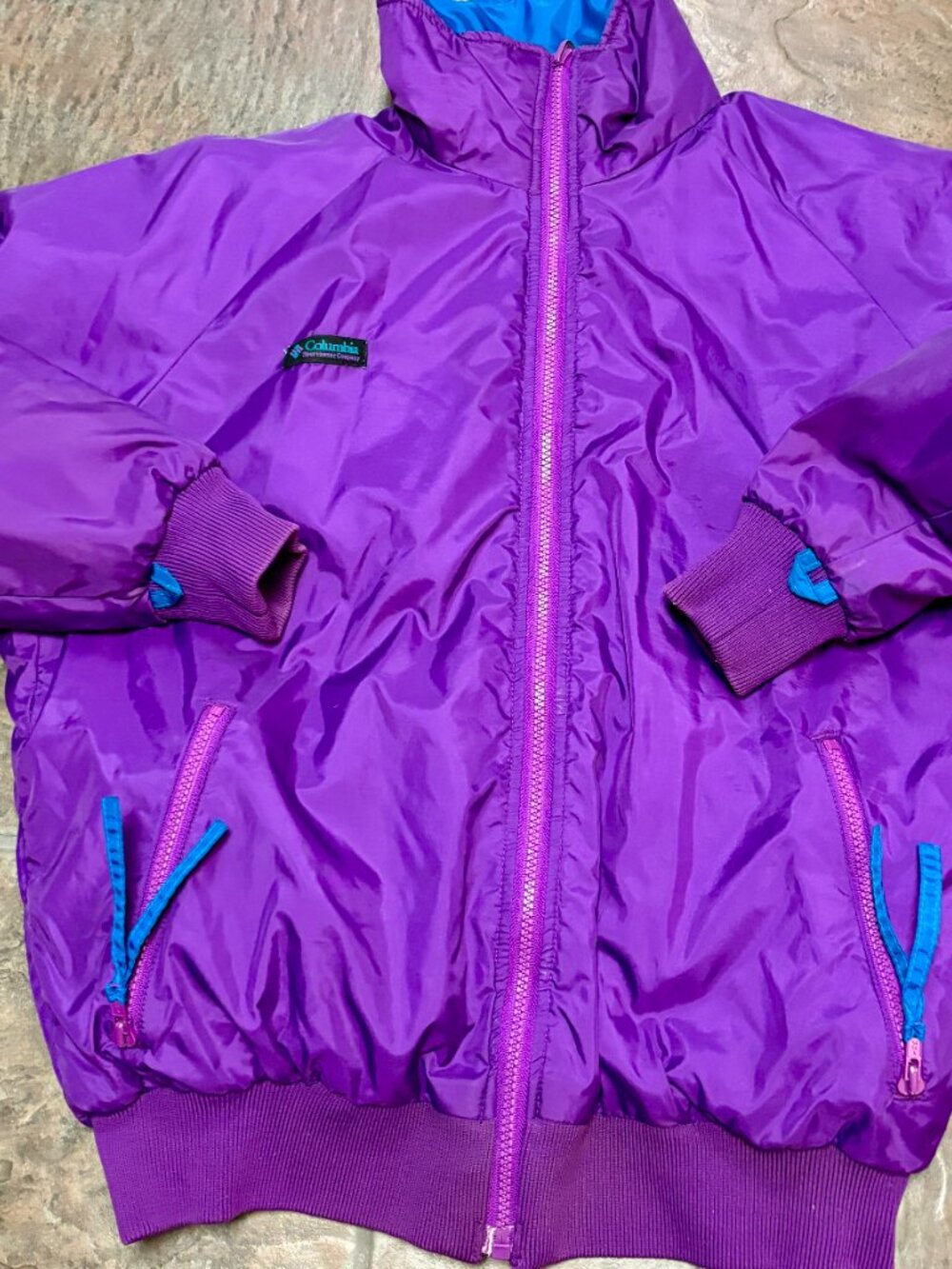 Columbia Reversible Puffer Jacket Women's L Purple/Teal Radial Sleeve VGUC! Vin